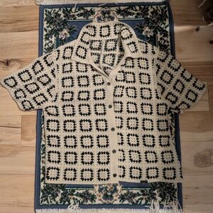Sumwon Granny Square Black And Tan Cardigan/Button Down Shirt M